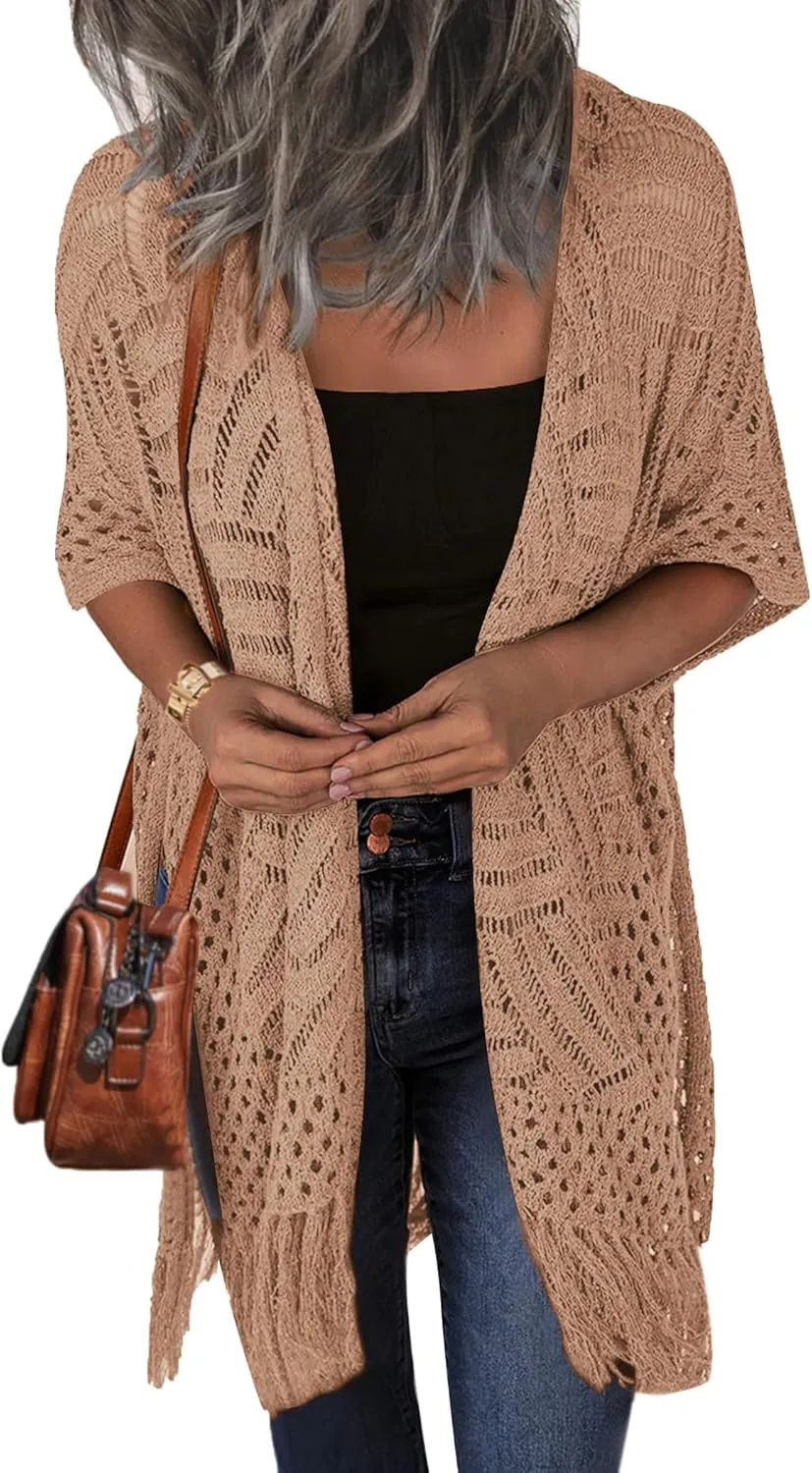 HOTOUCH Womens Knit Cardigan Open Front Outwear Hollow Out Crochet Tassel Lightweight Kimonos Sweater S-XXL