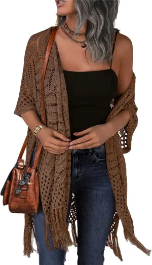HOTOUCH Womens Knit Cardigan Open Front Outwear Hollow Out Crochet Tassel Lightweight Kimonos Sweater S-XXL