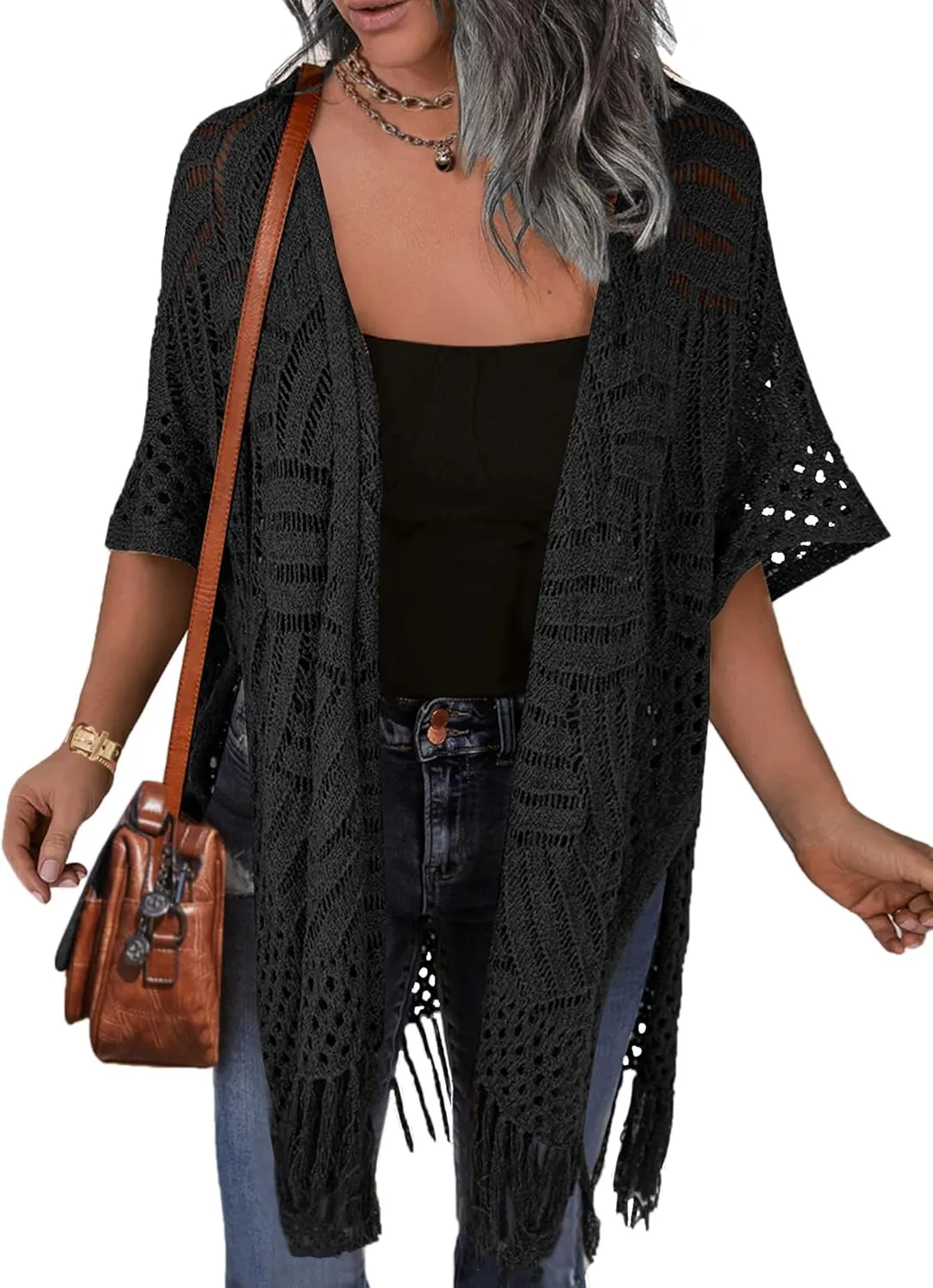 HOTOUCH Womens Knit Cardigan Open Front Outwear Hollow Out Crochet Tassel Lightweight Kimonos Sweater S-XXL