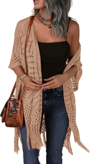 HOTOUCH Womens Knit Cardigan Open Front Outwear Hollow Out Crochet Tassel Lightweight Kimonos Sweater S-XXL