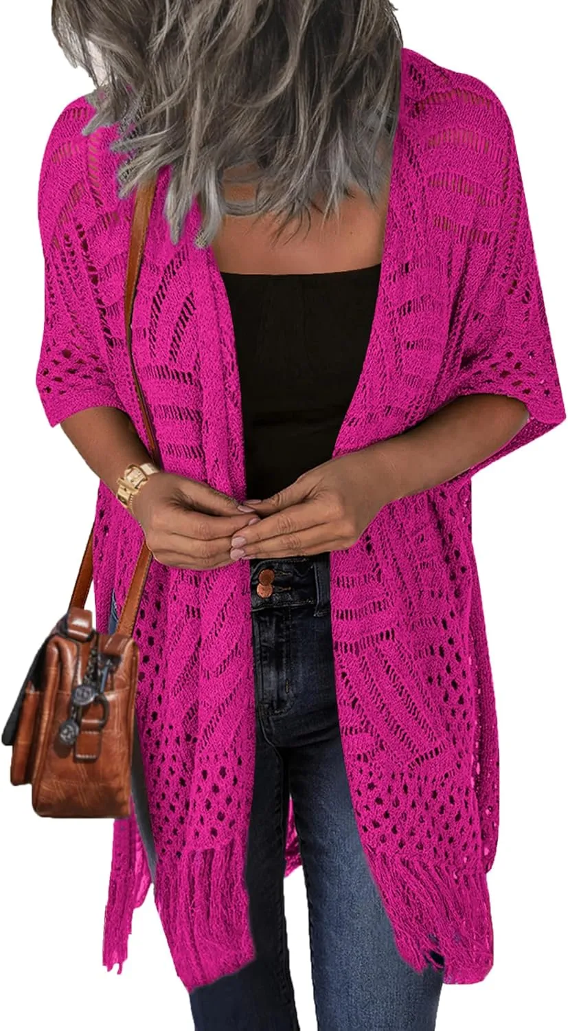 HOTOUCH Womens Knit Cardigan Open Front Outwear Hollow Out Crochet Tassel Lightweight Kimonos Sweater S-XXL