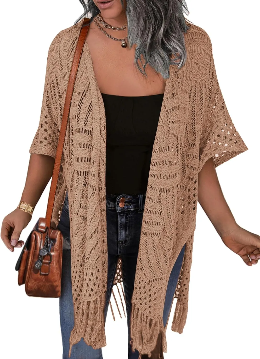 HOTOUCH Womens Knit Cardigan Open Front Outwear Hollow Out Crochet Tassel Lightweight Kimonos Sweater S-XXL