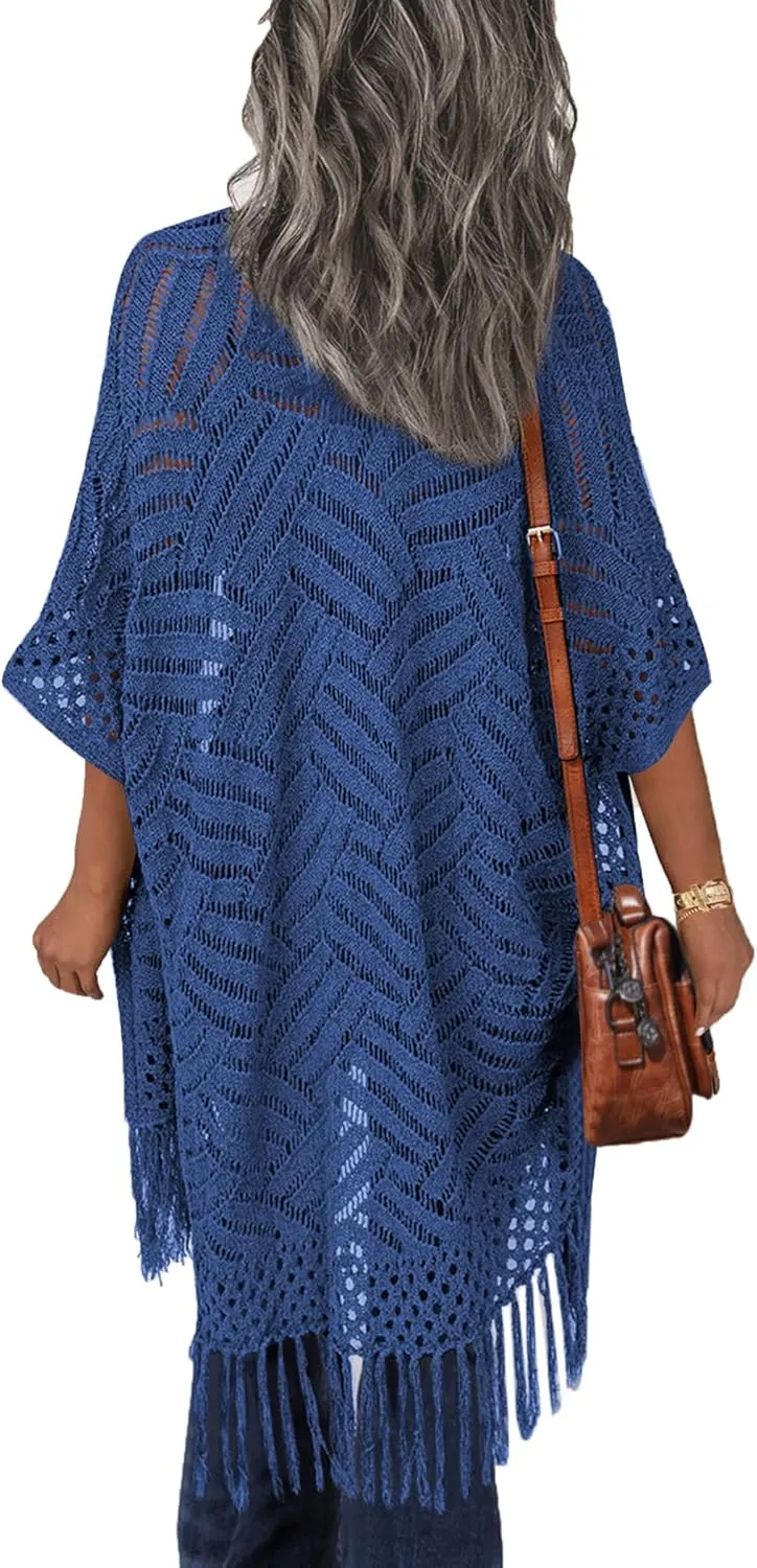 HOTOUCH Womens Knit Cardigan Open Front Outwear Hollow Out Crochet Tassel Lightweight Kimonos Sweater S-XXL