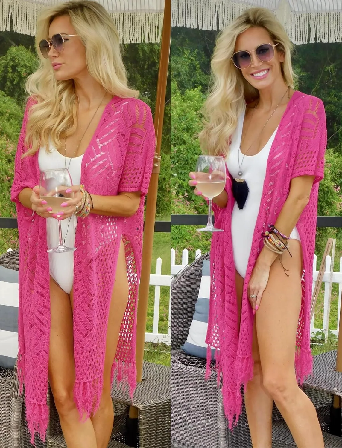 HOTOUCH Womens Knit Cardigan Open Front Outwear Hollow Out Crochet Tassel Lightweight Kimonos Sweater S-XXL