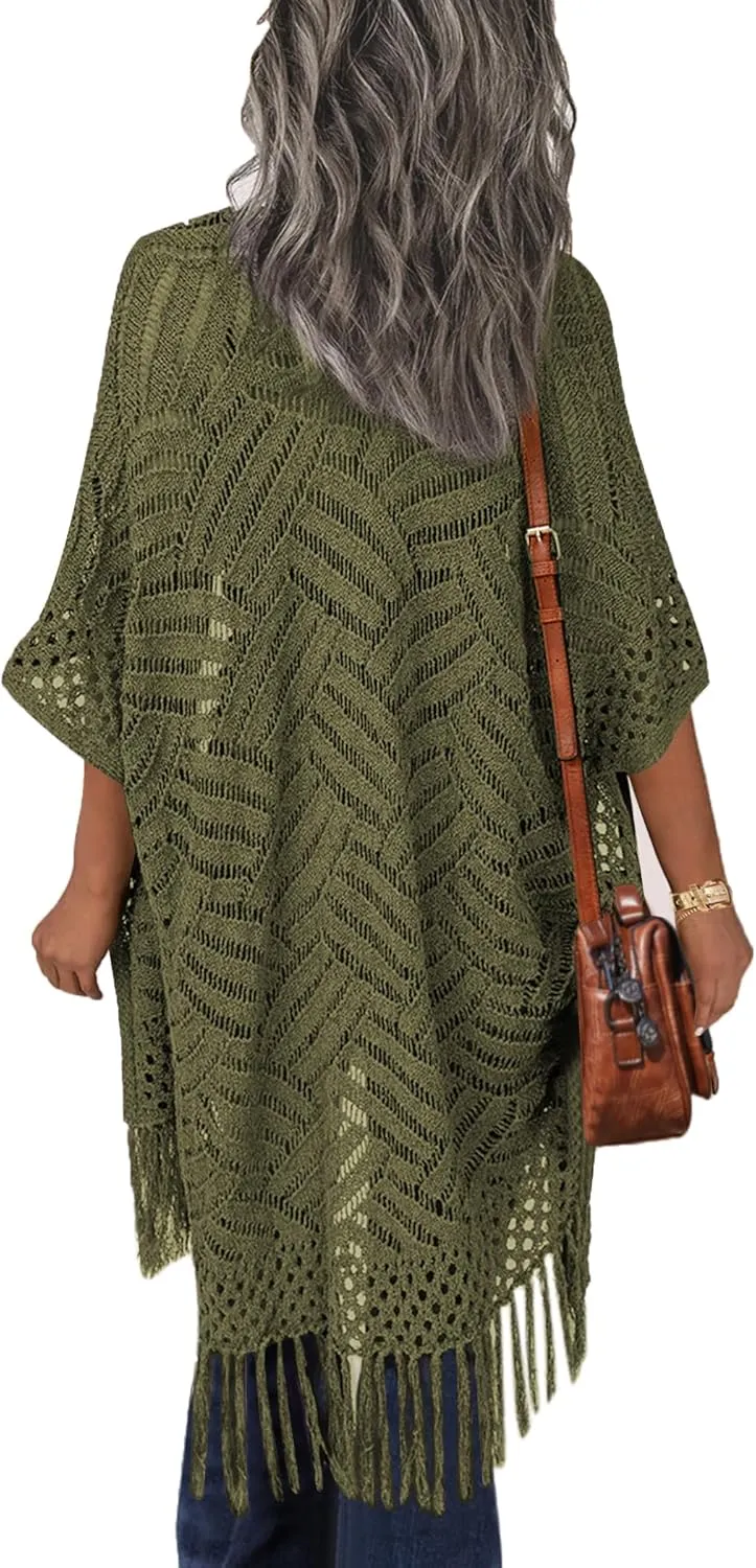 HOTOUCH Womens Knit Cardigan Open Front Outwear Hollow Out Crochet Tassel Lightweight Kimonos Sweater S-XXL