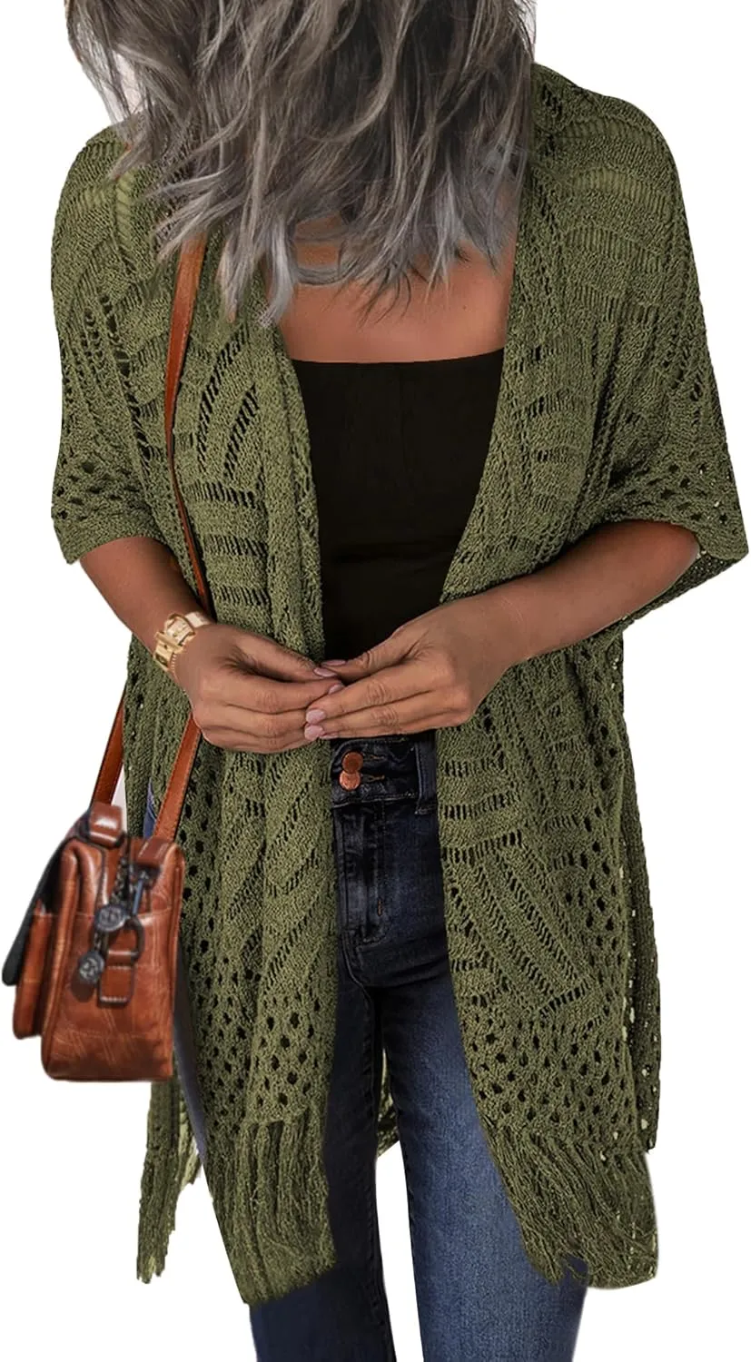 HOTOUCH Womens Knit Cardigan Open Front Outwear Hollow Out Crochet Tassel Lightweight Kimonos Sweater S-XXL