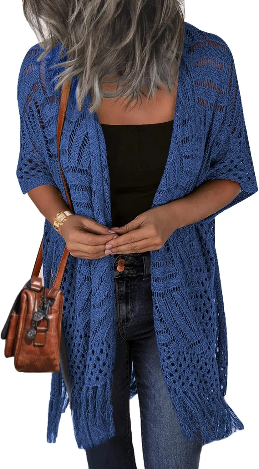 HOTOUCH Womens Knit Cardigan Open Front Outwear Hollow Out Crochet Tassel Lightweight Kimonos Sweater S-XXL
