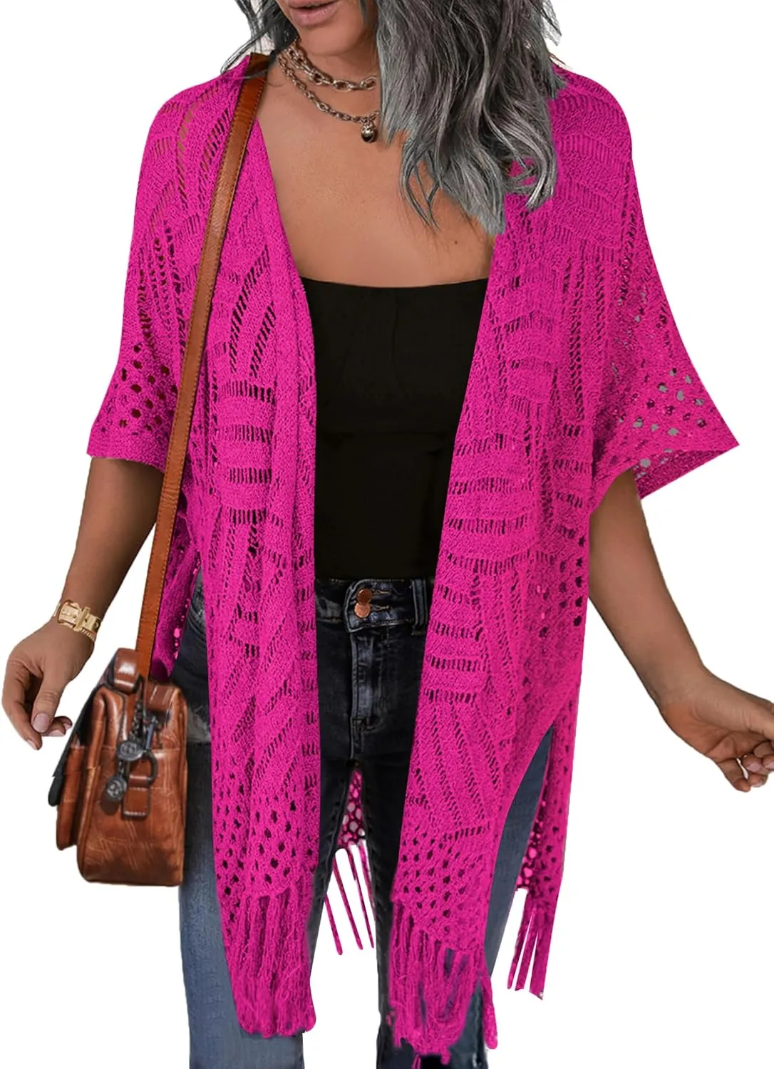 HOTOUCH Womens Knit Cardigan Open Front Outwear Hollow Out Crochet Tassel Lightweight Kimonos Sweater S-XXL