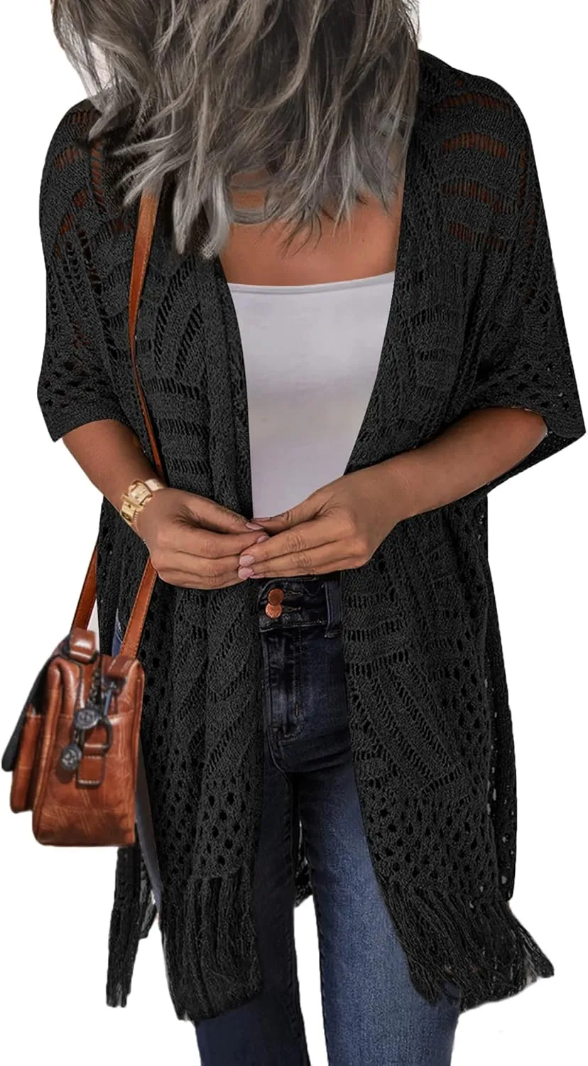 HOTOUCH Womens Knit Cardigan Open Front Outwear Hollow Out Crochet Tassel Lightweight Kimonos Sweater S-XXL