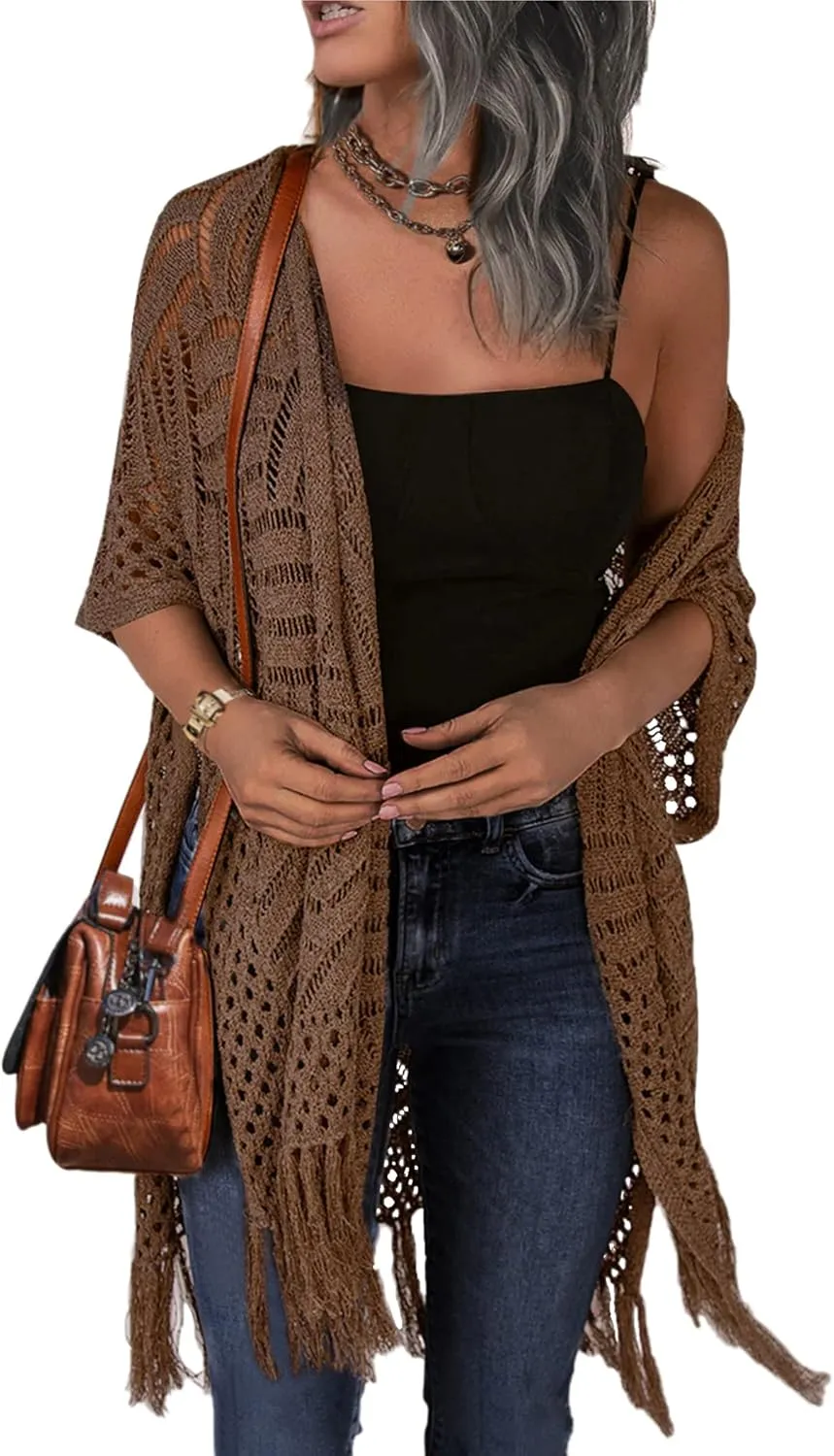 HOTOUCH Womens Knit Cardigan Open Front Outwear Hollow Out Crochet Tassel Lightweight Kimonos Sweater S-XXL