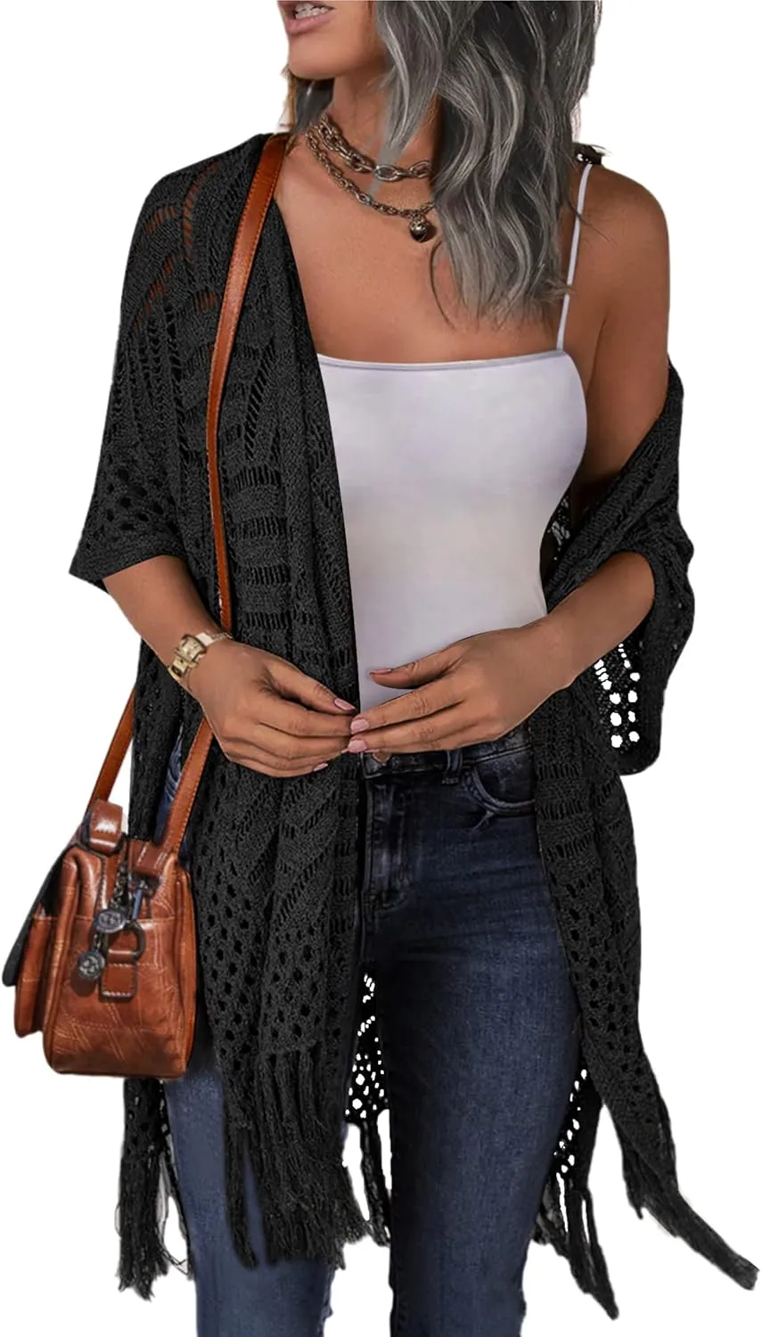 HOTOUCH Womens Knit Cardigan Open Front Outwear Hollow Out Crochet Tassel Lightweight Kimonos Sweater S-XXL
