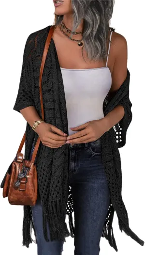 HOTOUCH Womens Knit Cardigan Open Front Outwear Hollow Out Crochet Tassel Lightweight Kimonos Sweater S-XXL