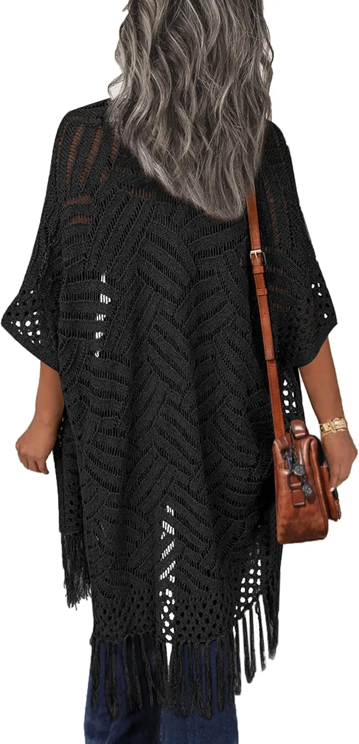 HOTOUCH Womens Knit Cardigan Open Front Outwear Hollow Out Crochet Tassel Lightweight Kimonos Sweater S-XXL