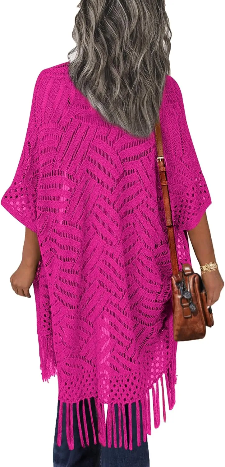 HOTOUCH Womens Knit Cardigan Open Front Outwear Hollow Out Crochet Tassel Lightweight Kimonos Sweater S-XXL