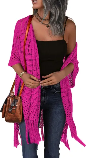 HOTOUCH Womens Knit Cardigan Open Front Outwear Hollow Out Crochet Tassel Lightweight Kimonos Sweater S-XXL