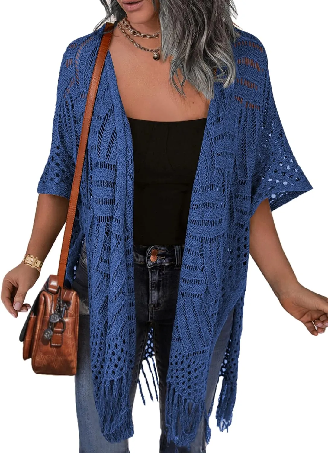 HOTOUCH Womens Knit Cardigan Open Front Outwear Hollow Out Crochet Tassel Lightweight Kimonos Sweater S-XXL