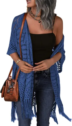 HOTOUCH Womens Knit Cardigan Open Front Outwear Hollow Out Crochet Tassel Lightweight Kimonos Sweater S-XXL