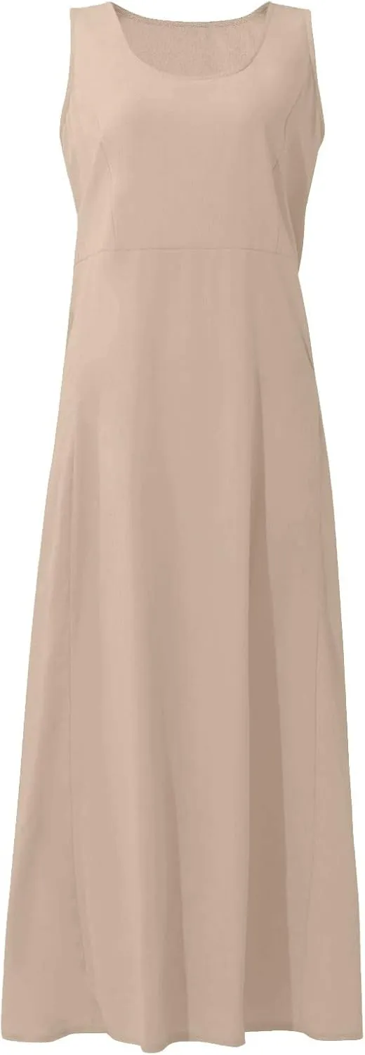 HXHYQKP Dress for Women 2024 Summer Tank Dress Sleeveless Loose Scoop Neck Long Flowy Beach Swing Sundress with Pocket
