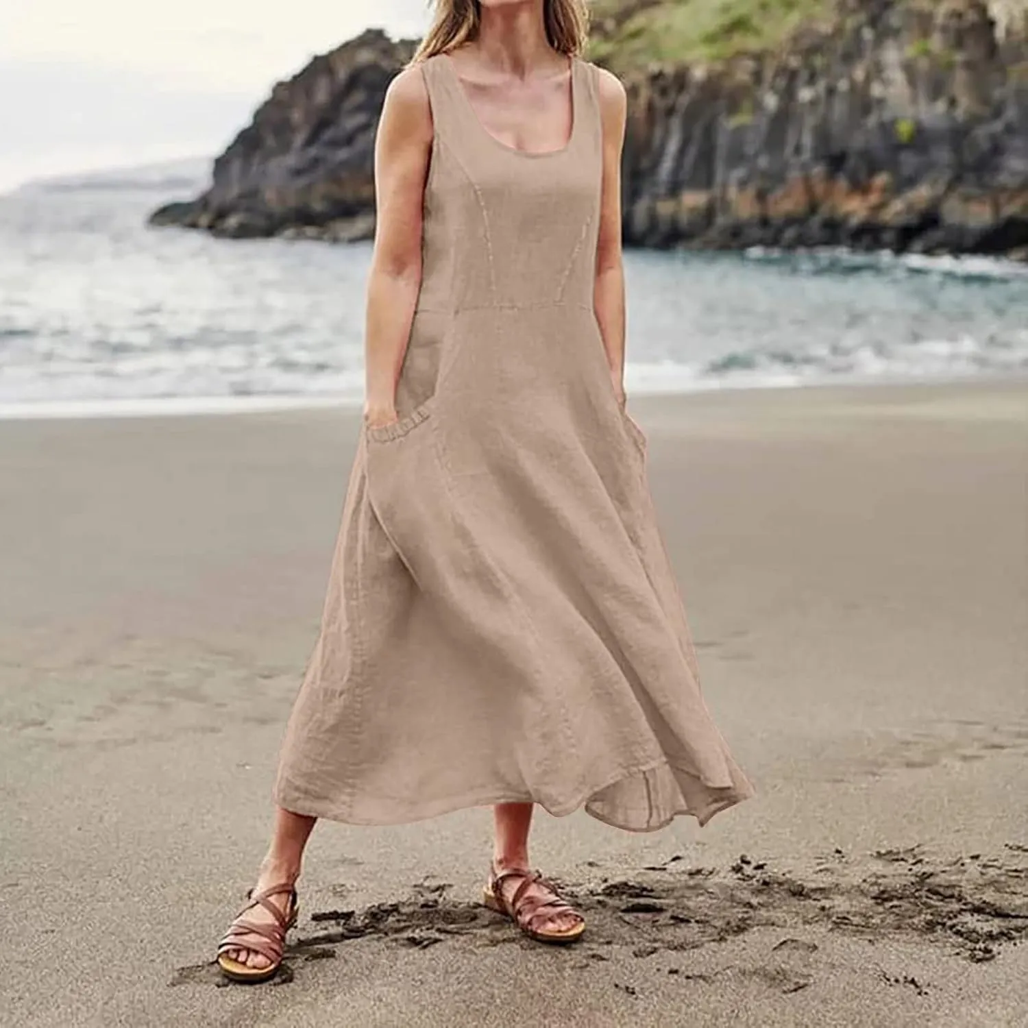 HXHYQKP Dress for Women 2024 Summer Tank Dress Sleeveless Loose Scoop Neck Long Flowy Beach Swing Sundress with Pocket