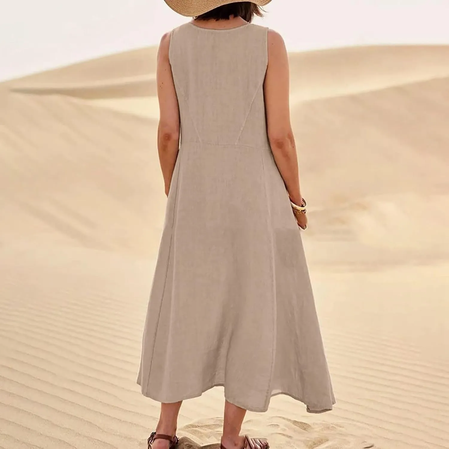 HXHYQKP Dress for Women 2024 Summer Tank Dress Sleeveless Loose Scoop Neck Long Flowy Beach Swing Sundress with Pocket
