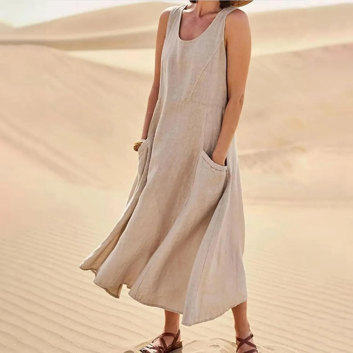 HXHYQKP Dress for Women 2024 Summer Tank Dress Sleeveless Loose Scoop Neck Long Flowy Beach Swing Sundress with Pocket