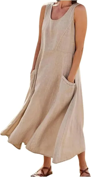 HXHYQKP Dress for Women 2024 Summer Tank Dress Sleeveless Loose Scoop Neck Long Flowy Beach Swing Sundress with Pocket