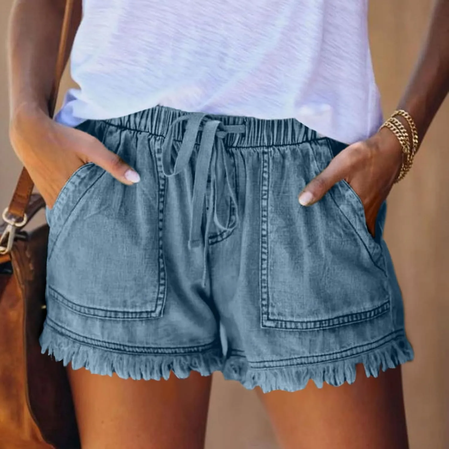 Jeans Shorts for Women Elastic High Waisted Stretchy Drawstring Slim Fit Casual Denim Shorts Lightweight Baggy Summer Jorts