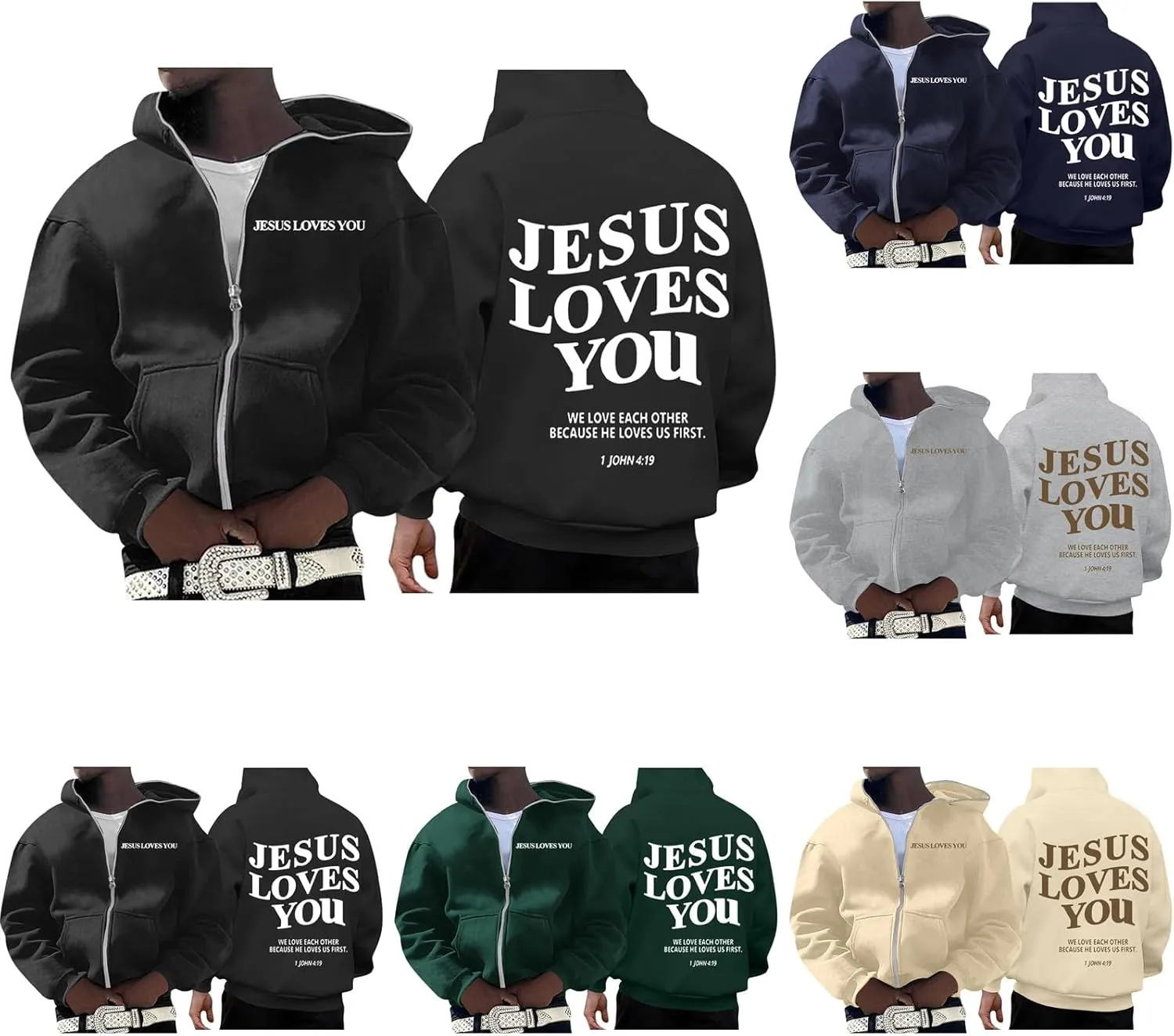 Jesus Loves You Zip Up Hoodie Men Trust in The Lord Sweatshirt Letter Print Preppy Coat Long Sleeve Jacket