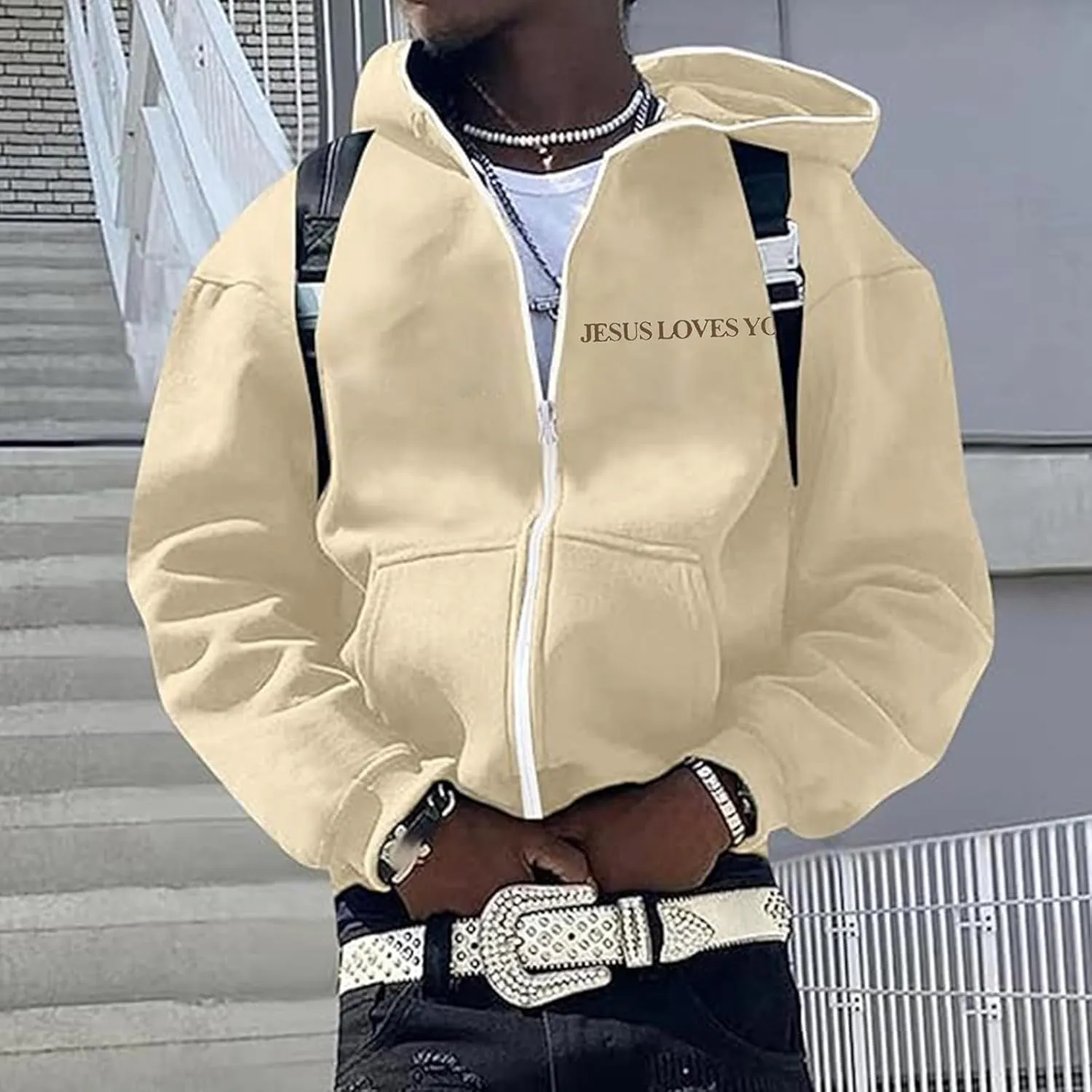 Jesus Loves You Zip Up Hoodie Men Trust in The Lord Sweatshirt Letter Print Preppy Coat Long Sleeve Jacket