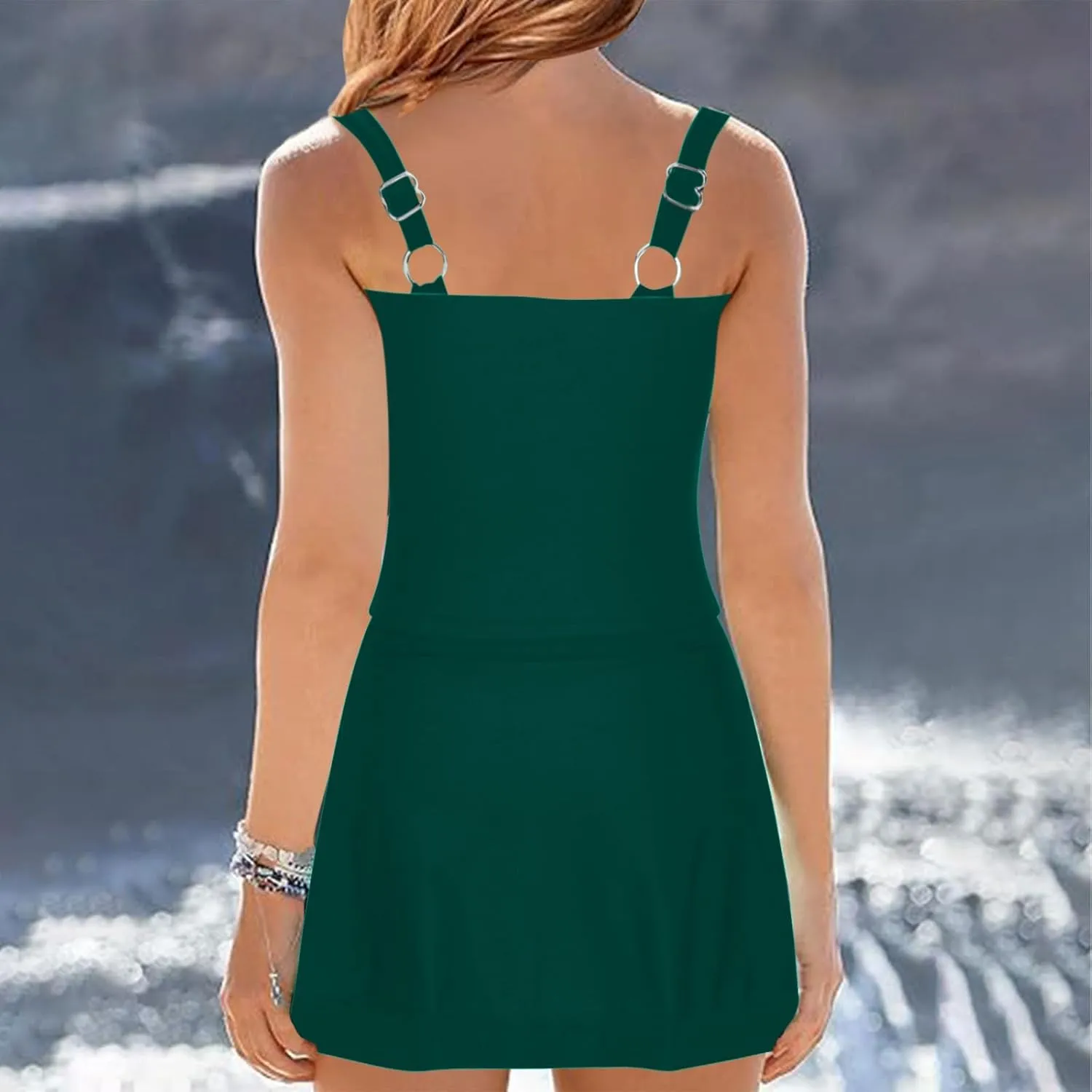 jsaierl Swimdress for Women 2 Piece Bathing Suits Adjustable Strap Ruched Tummy Control Swimwear Solid Swim Tank with Skirts