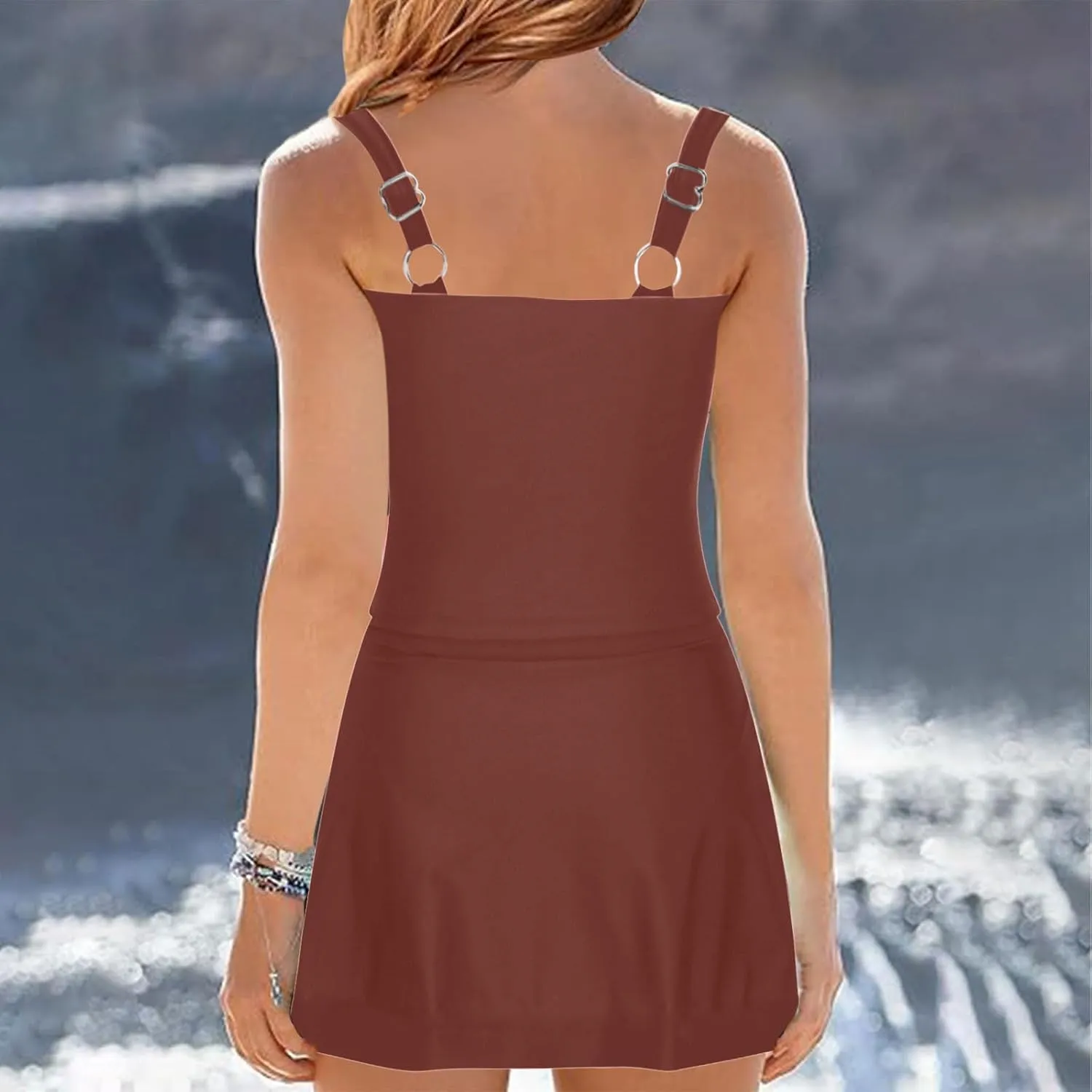 jsaierl Swimdress for Women 2 Piece Bathing Suits Adjustable Strap Ruched Tummy Control Swimwear Solid Swim Tank with Skirts
