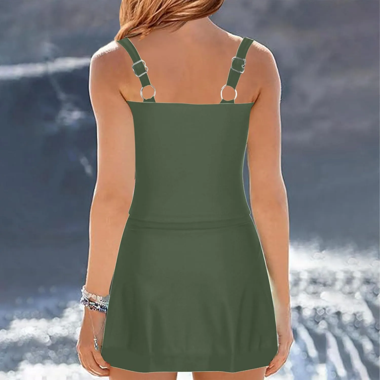 jsaierl Swimdress for Women 2 Piece Bathing Suits Adjustable Strap Ruched Tummy Control Swimwear Solid Swim Tank with Skirts