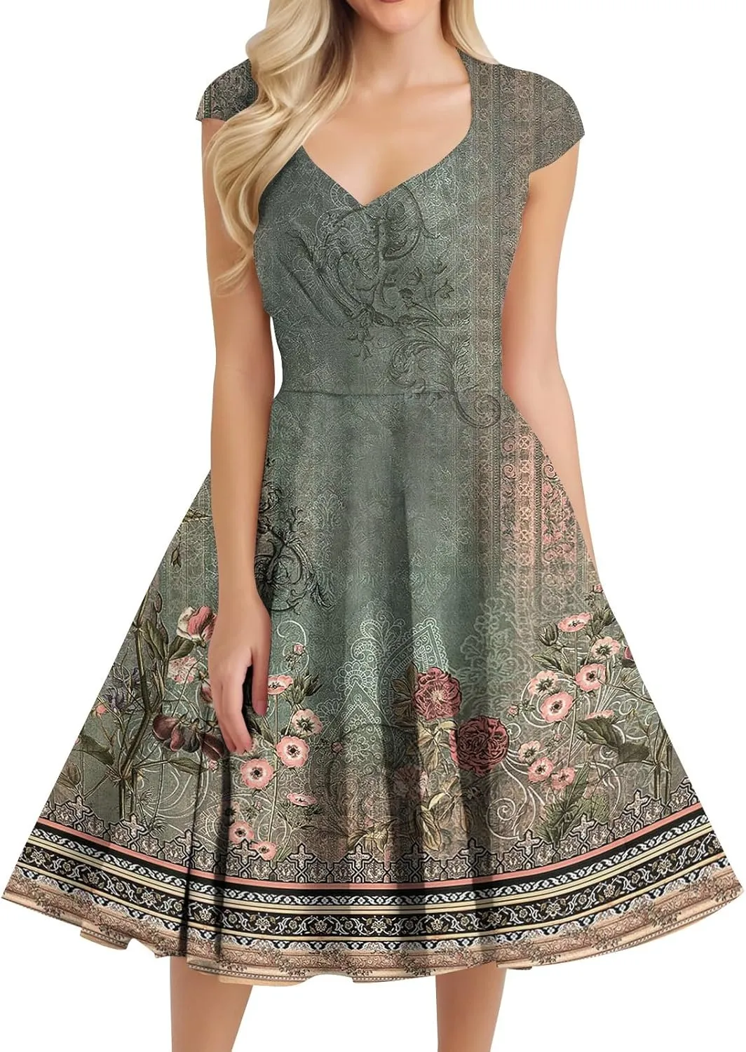Kenvina 1950S Vintage Dress for Women Wrap V Neck Cap Sleeve Dress Retro Cocktail Party Swing Dresses A-Line Midi Dress