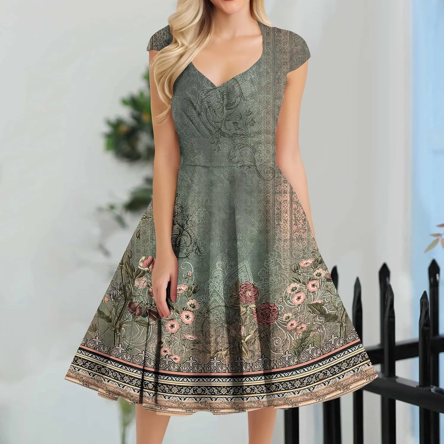 Kenvina 1950S Vintage Dress for Women Wrap V Neck Cap Sleeve Dress Retro Cocktail Party Swing Dresses A-Line Midi Dress