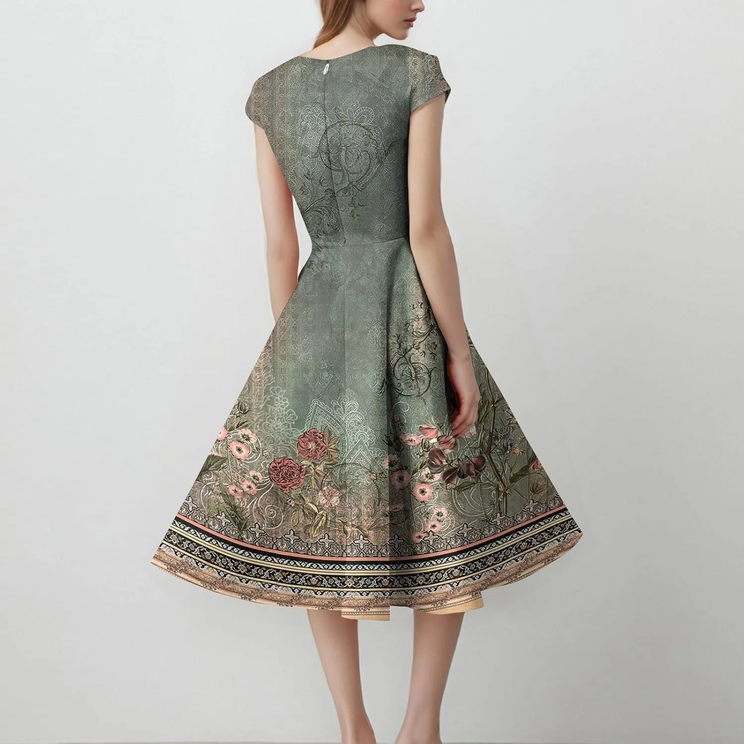 Kenvina 1950S Vintage Dress for Women Wrap V Neck Cap Sleeve Dress Retro Cocktail Party Swing Dresses A-Line Midi Dress