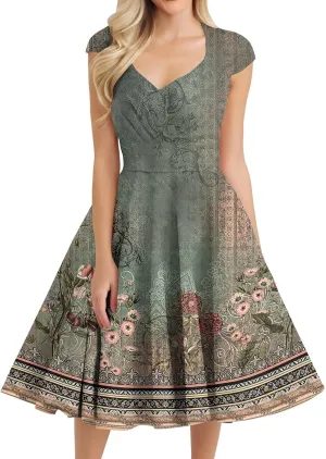 Kenvina 1950S Vintage Dress for Women Wrap V Neck Cap Sleeve Dress Retro Cocktail Party Swing Dresses A-Line Midi Dress