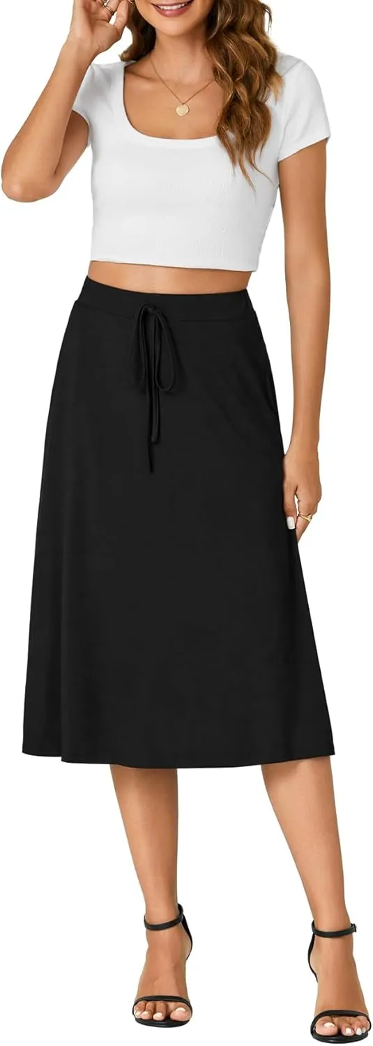 KIFOVEN Women’s Casual High Waist A Line Midi Skirt Flared Drawstring Stretchy Skirt
