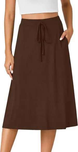 KIFOVEN Women’s Casual High Waist A Line Midi Skirt Flared Drawstring Stretchy Skirt