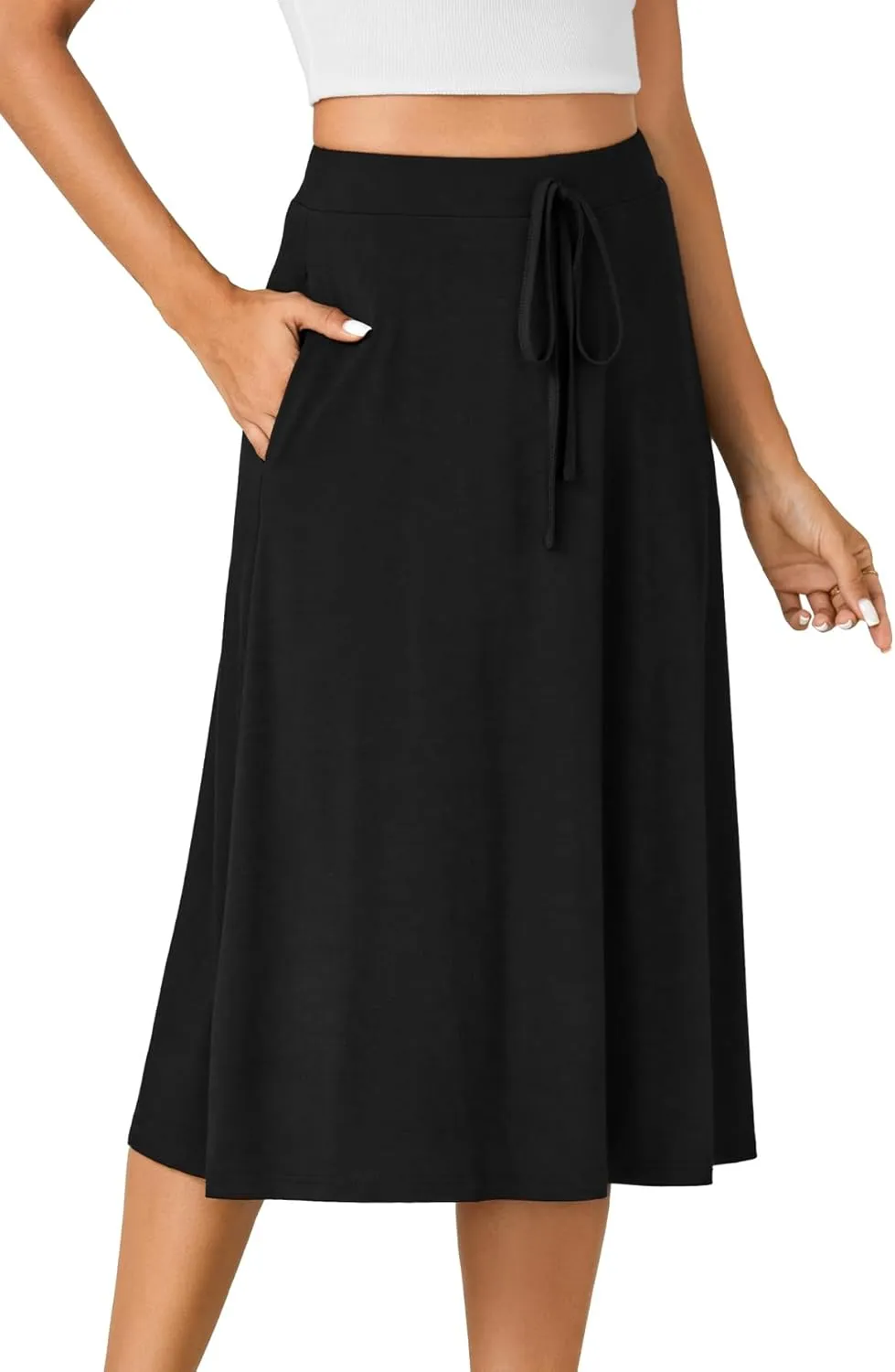 KIFOVEN Women’s Casual High Waist A Line Midi Skirt Flared Drawstring Stretchy Skirt