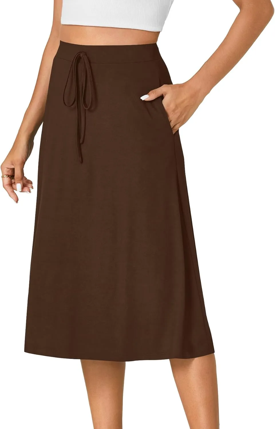 KIFOVEN Women’s Casual High Waist A Line Midi Skirt Flared Drawstring Stretchy Skirt