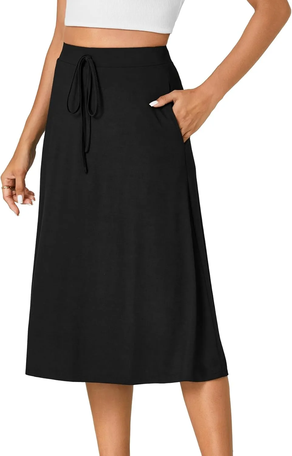KIFOVEN Women’s Casual High Waist A Line Midi Skirt Flared Drawstring Stretchy Skirt