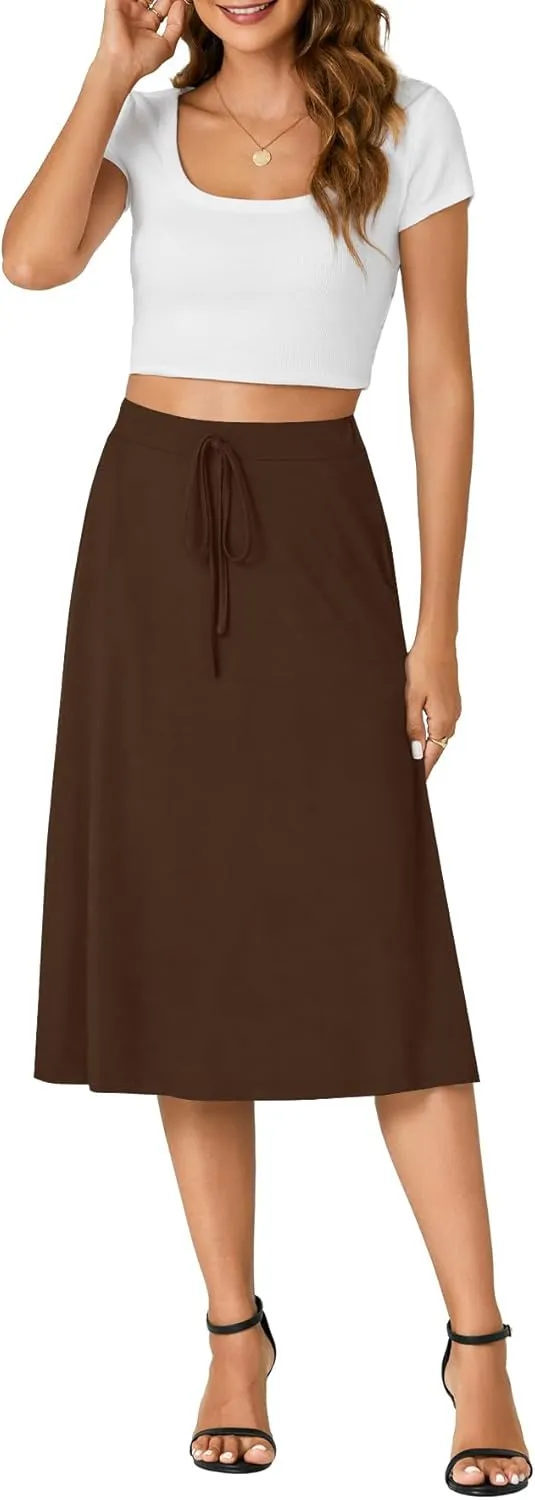 KIFOVEN Women’s Casual High Waist A Line Midi Skirt Flared Drawstring Stretchy Skirt