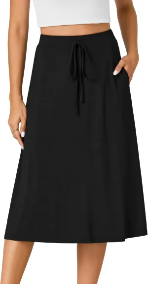 KIFOVEN Women’s Casual High Waist A Line Midi Skirt Flared Drawstring Stretchy Skirt