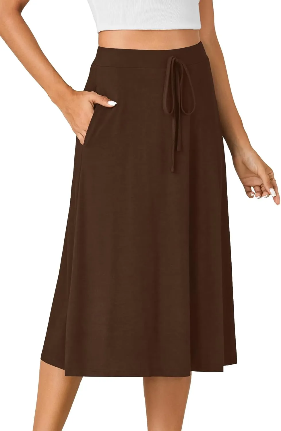 KIFOVEN Women’s Casual High Waist A Line Midi Skirt Flared Drawstring Stretchy Skirt