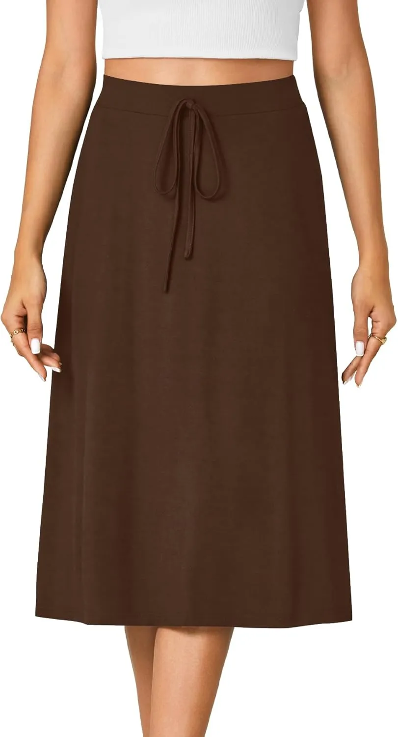 KIFOVEN Women’s Casual High Waist A Line Midi Skirt Flared Drawstring Stretchy Skirt