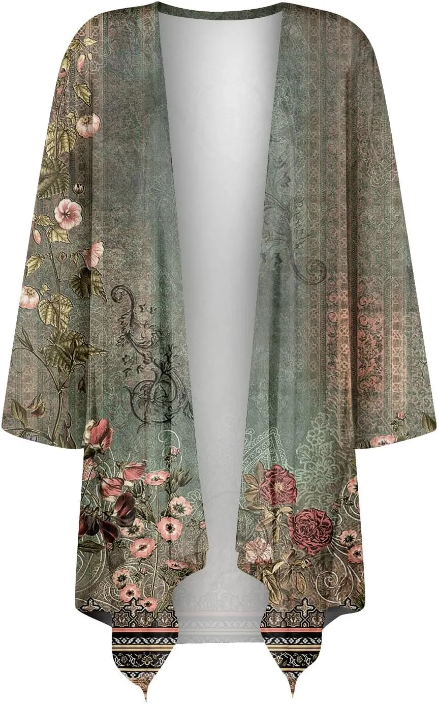 Kimono Cardigan 3/4 Sleeve Cardigan for Women,Plus Size Gradient Open Front Lightweight Summer Cardigan with Pocket