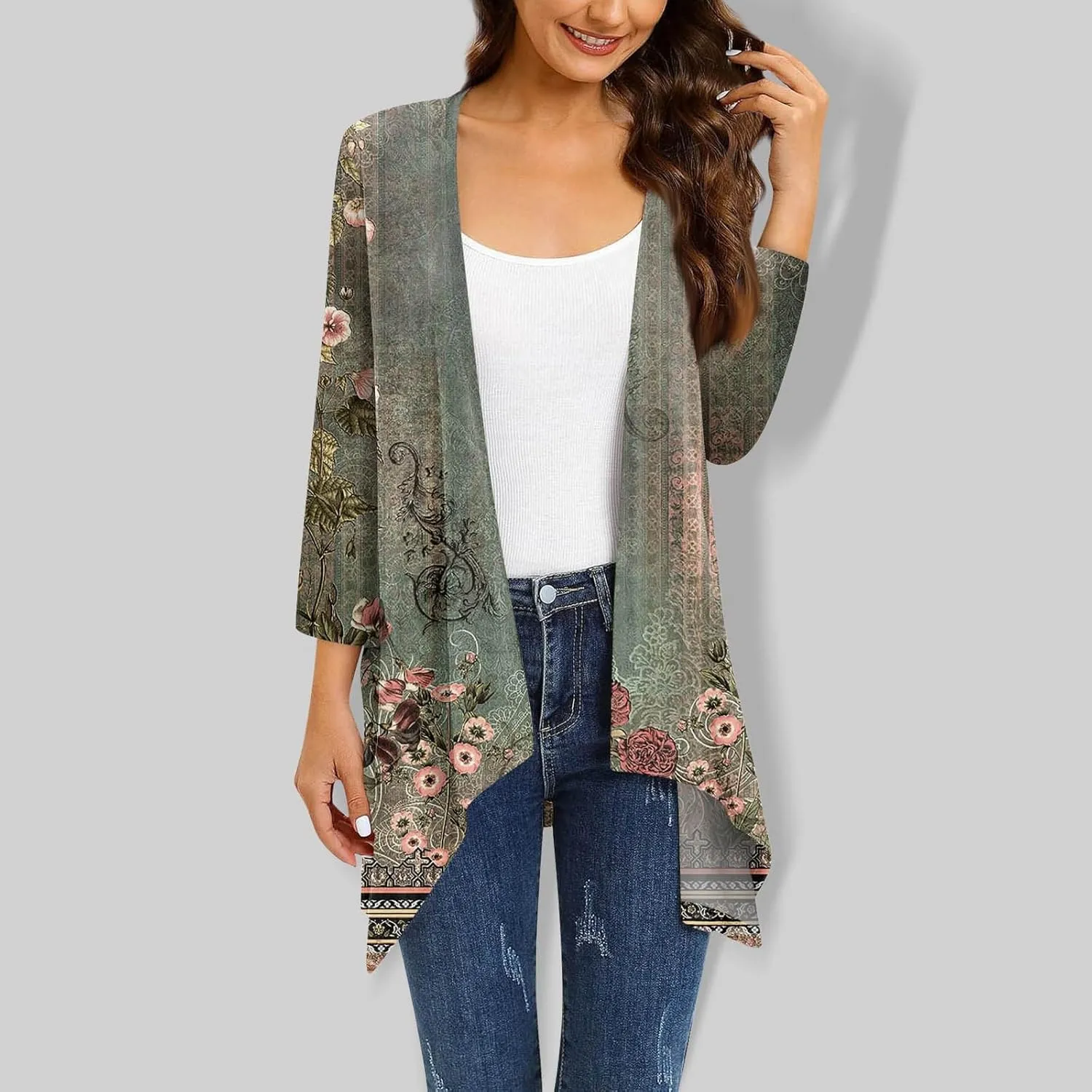 Kimono Cardigan 3/4 Sleeve Cardigan for Women,Plus Size Gradient Open Front Lightweight Summer Cardigan with Pocket