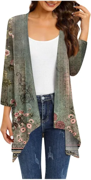 Kimono Cardigan 3/4 Sleeve Cardigan for Women,Plus Size Gradient Open Front Lightweight Summer Cardigan with Pocket