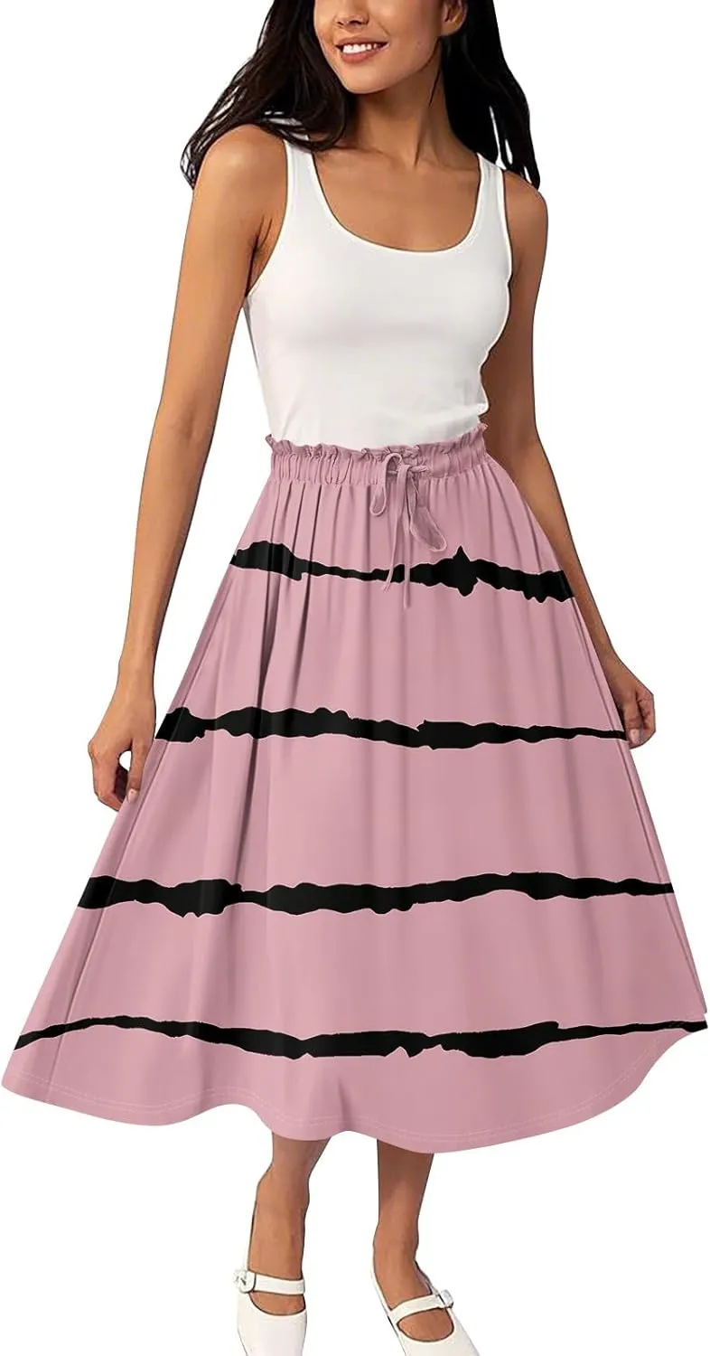 Knee Length Skirt for Women High Waist Flowy A-Line Casual Summer Skirt Trendy