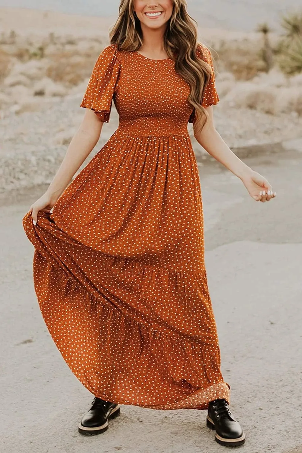 Kranda Women Summer Dress Round Neck Flutter Short Sleeve Smocked Ruffle Tiered Floral Maxi Dress 2024